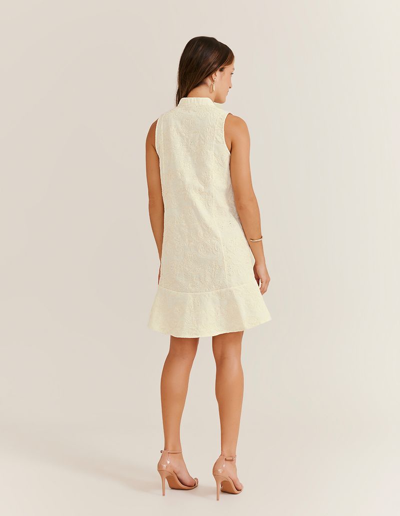 Vestido Curto Linho Bordado - Areia