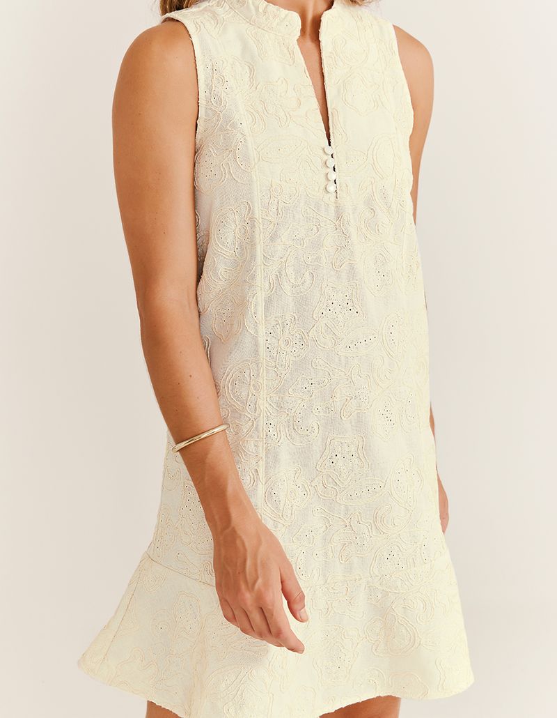Vestido Curto Linho Bordado - Areia