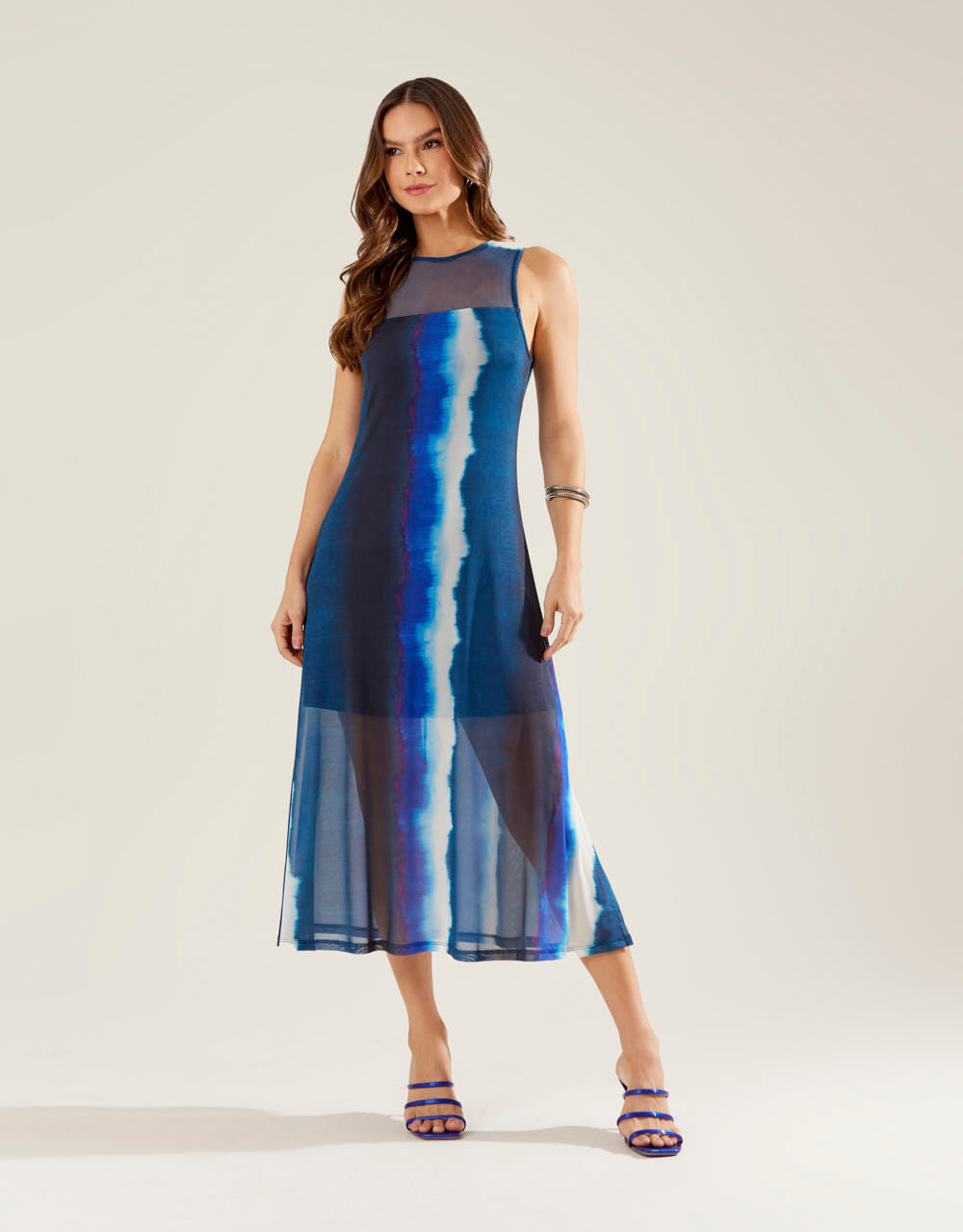 Vestido Midi Tule Estampado Suzi - Azul Marinho