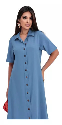 Vestido Chemise Gola Botões Estiloso Moda Evangelica Moderna
