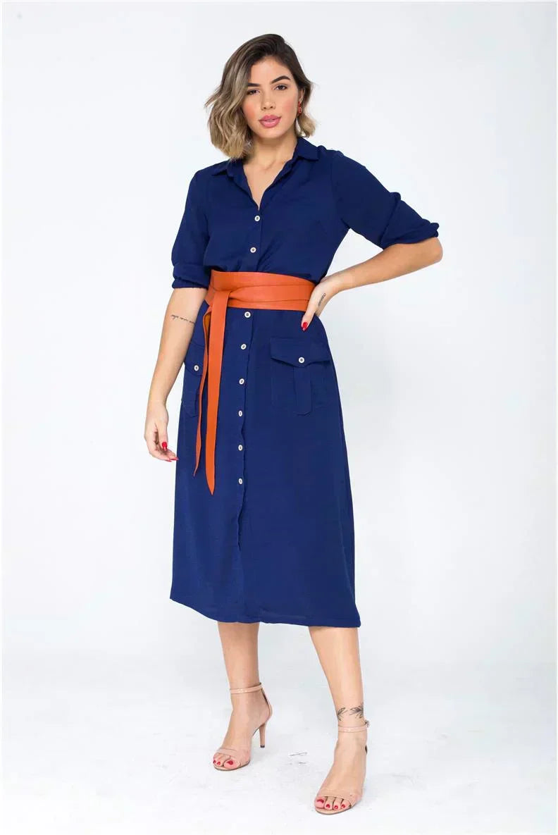 Vestido Chemise  Midi Botões Azul-Marinho