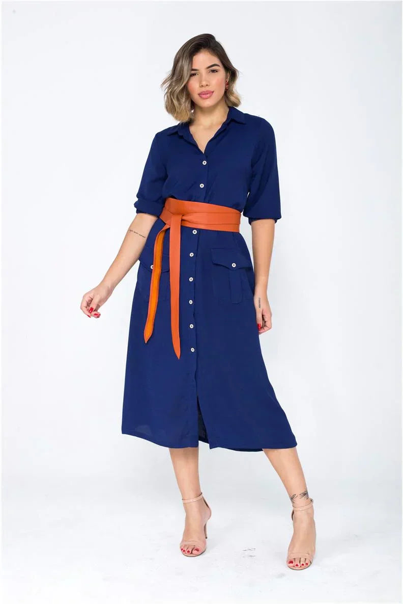 Vestido Chemise  Midi Botões Azul-Marinho