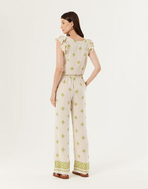 Calça Pantalona Estampada Tapeçaria - Natural C/ Verde