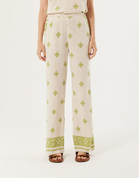 Calça Pantalona Estampada Tapeçaria - Natural C/ Verde
