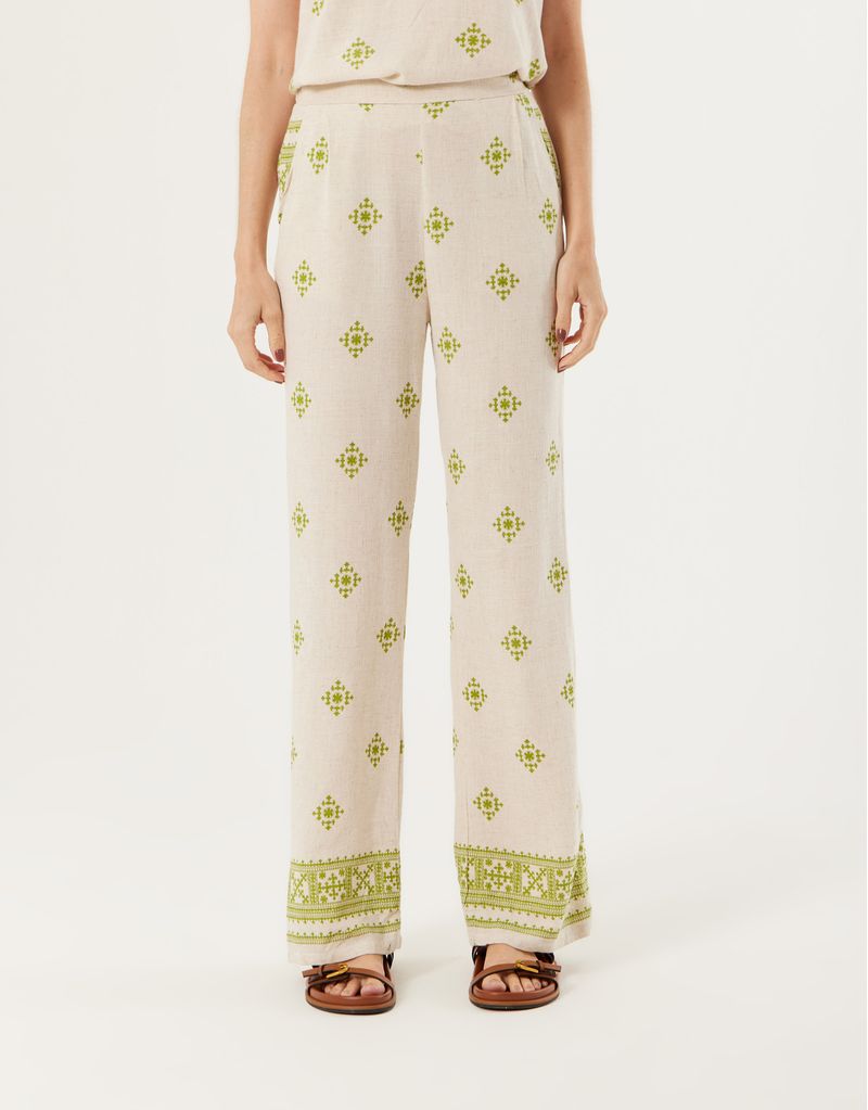 Calça Pantalona Estampada Tapeçaria - Natural C/ Verde