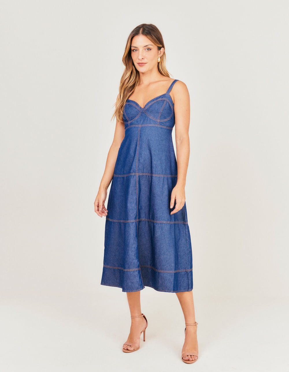 Vestido Liocel Pesponto Recortes - Denim Escuro